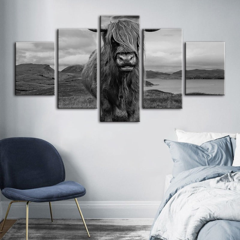 5-teiliges schwarz-weißes Kuh - Leinwand Wandkunst Gemälde