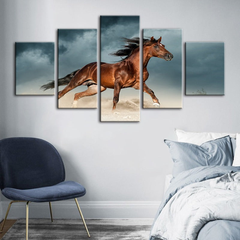 5 Stück Braunes Pferd in der Wüste - Leinwand Wandkunst Gemälde