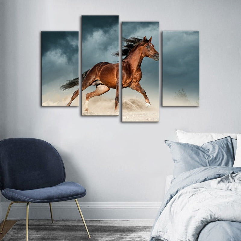 4-teilige braune Pferde in der Wüste - Leinwand Wandkunst Malerei | Brehn