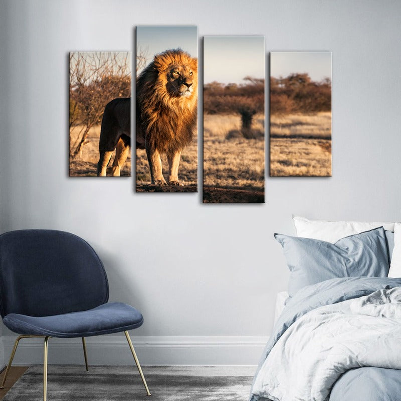 4-teiliger majestätischer Löwe im Sonnenlicht - Leinwand Wandkunst Malerei