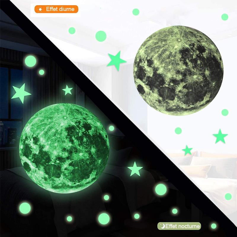 Kreativer fluoreszierender Wandaufkleber - Mond / Sterne / runde Punkte | Brehn