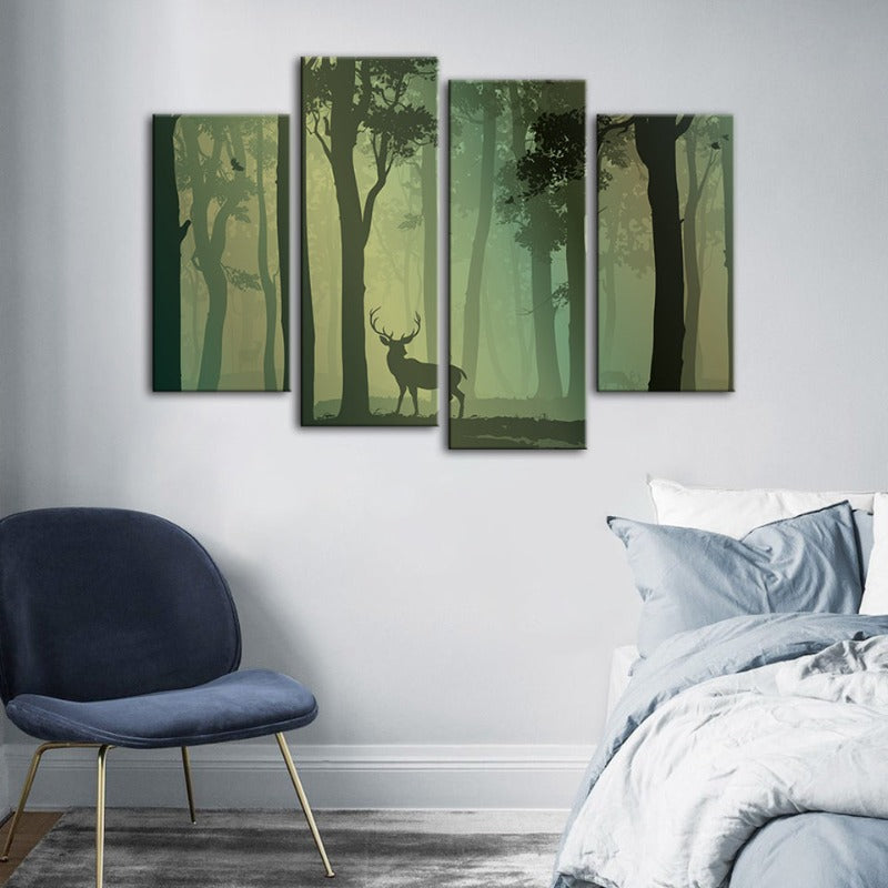4-teilige verzauberte grünfarbige Silhouette von Rehen - Leinwand Wandkunst Gemälde