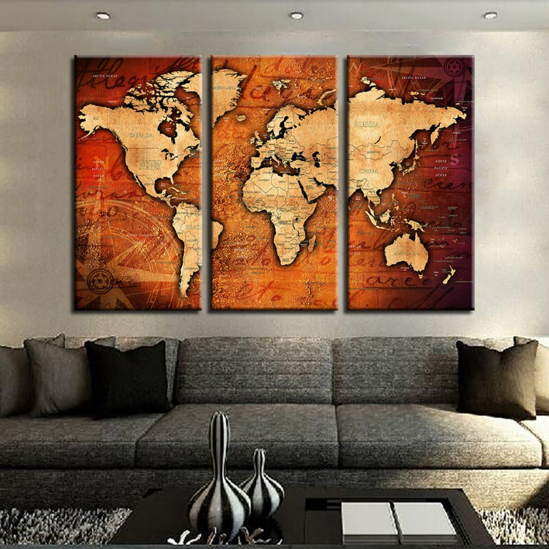 Braun & Rot Rustikale Weltkarte - Leinwand Wandkunst Gemälde 3 Teile