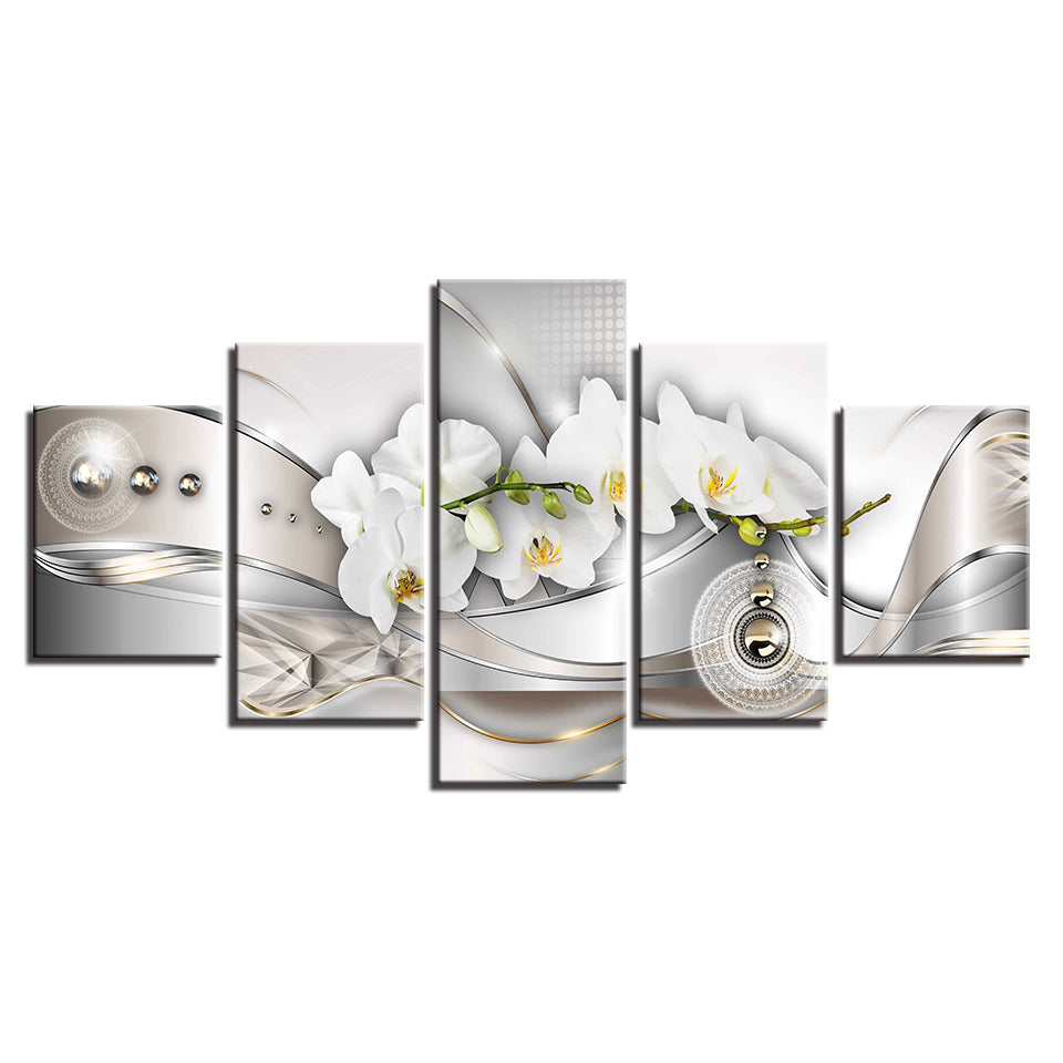 Weiße Orchideen und Metallperlen, 5-teiliges Leinwandbild