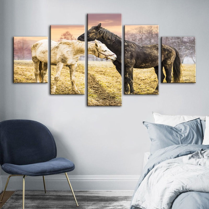 5 Stück Schwarz & Weiß Pferde - Leinwand Wandkunst Malerei