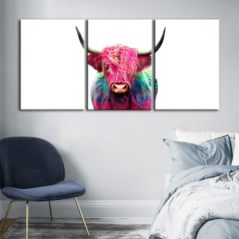 Farbenfrohe pinke Kuh-Leinwand Wandkunst Gemälde 3 Teile
