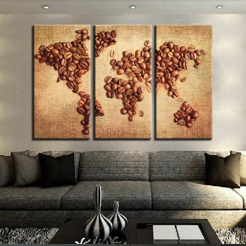 Schöne abstrakte Kaffeebohnen-Weltkarte - Leinwand Wandkunst Malerei 3 Teile
