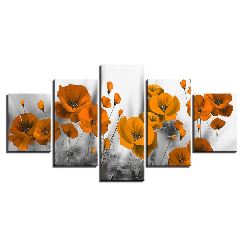 5 Stück Orange Blumen - Leinwand Wandkunst Malerei