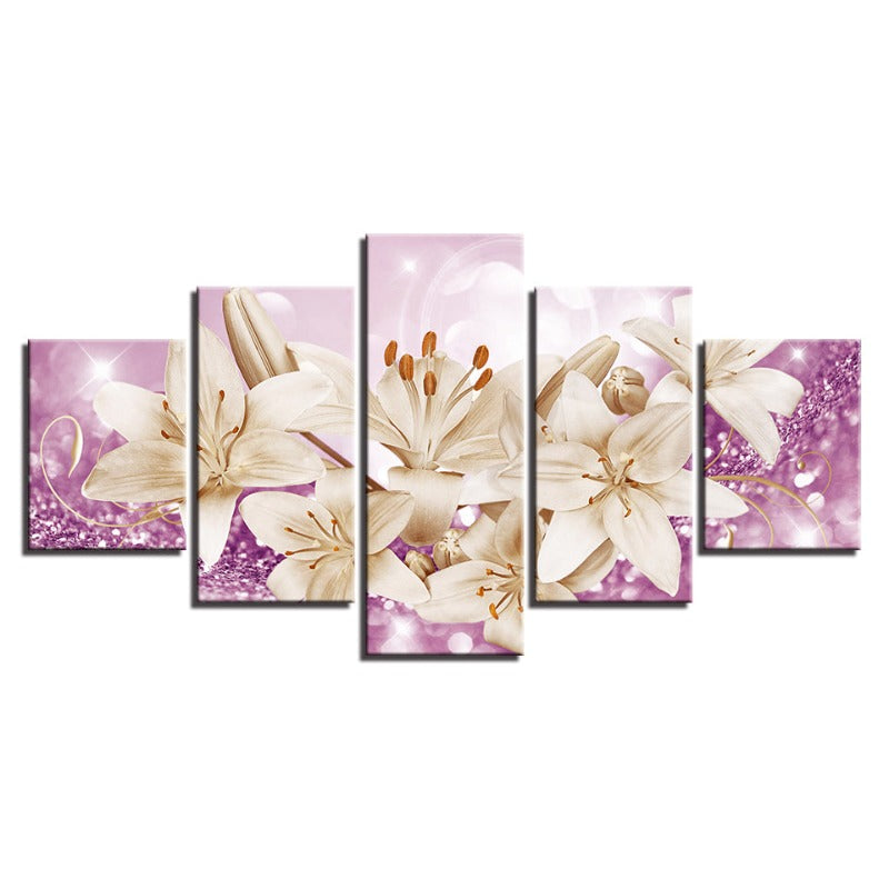 5 Stück Lila Hintergrund Rustikale Blume - Leinwand Wandkunst Gemälde