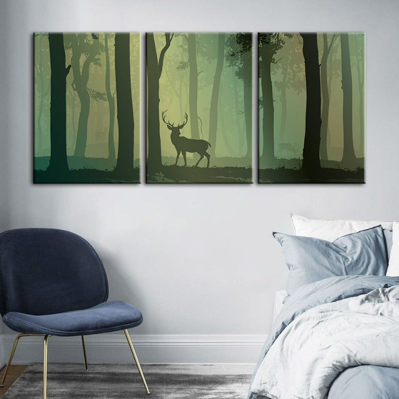 Verzauberte grüne Ton Silhouetten Reh-Leinwand Wandkunst Gemälde 3 Stücke