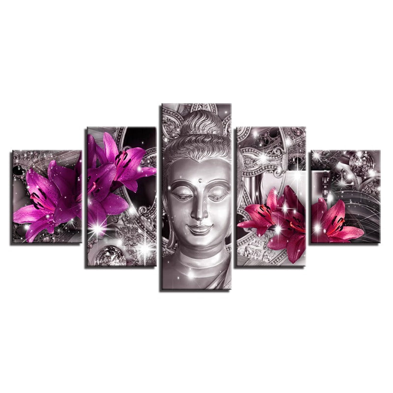 5-teilige Buddha mit lila und pinken Tulpenblumen - Leinwand Wandkunst Gemälde