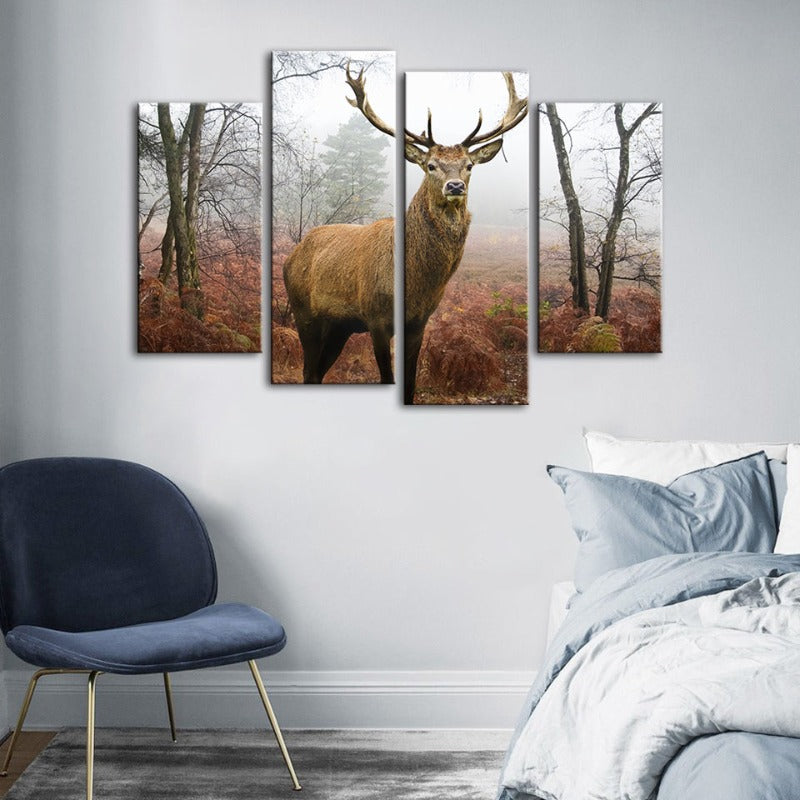 4-teilige neblige Herbst-Reh - Leinwand-Wandkunst Gemälde