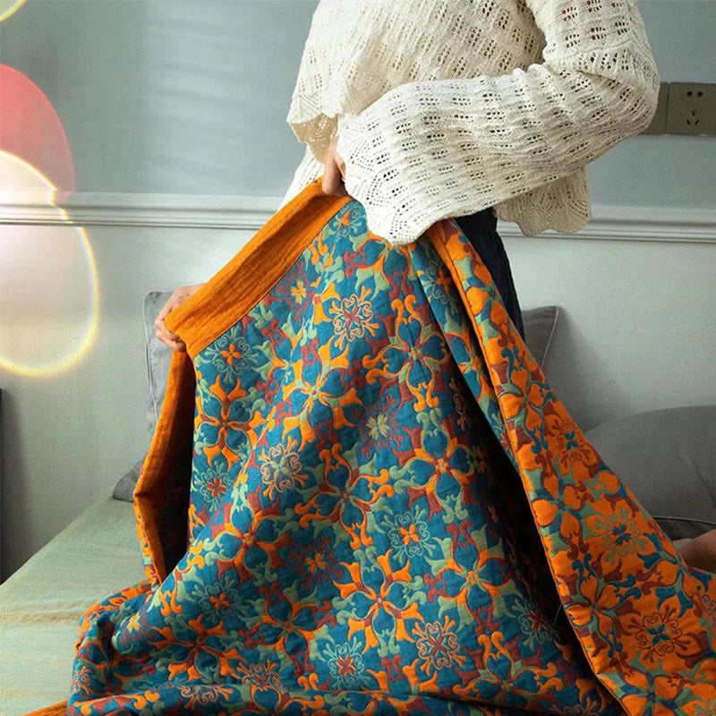 Brehn | Orange & Blau Muster Sechs-Lagen Baumwolldecke - TerraLoom