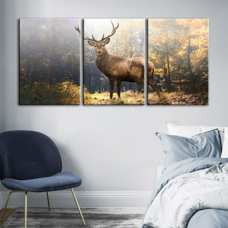 Majestätischer Hirsch im Wald - Canvas Wandkunst Gemälde 3 Teile