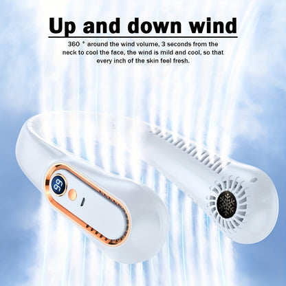Bleib cool und bequem mit diesem USB-wiederaufladbaren Nackenventilator mit 5 Geschwindigkeitsstufen - Digitalanzeige und bladeloos! | Brehn