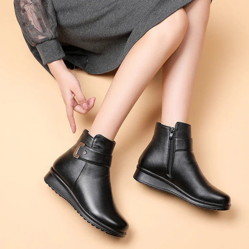 Orthopädische Damenstiefel mit Metallschnalle aus echtem Leder und Wolle