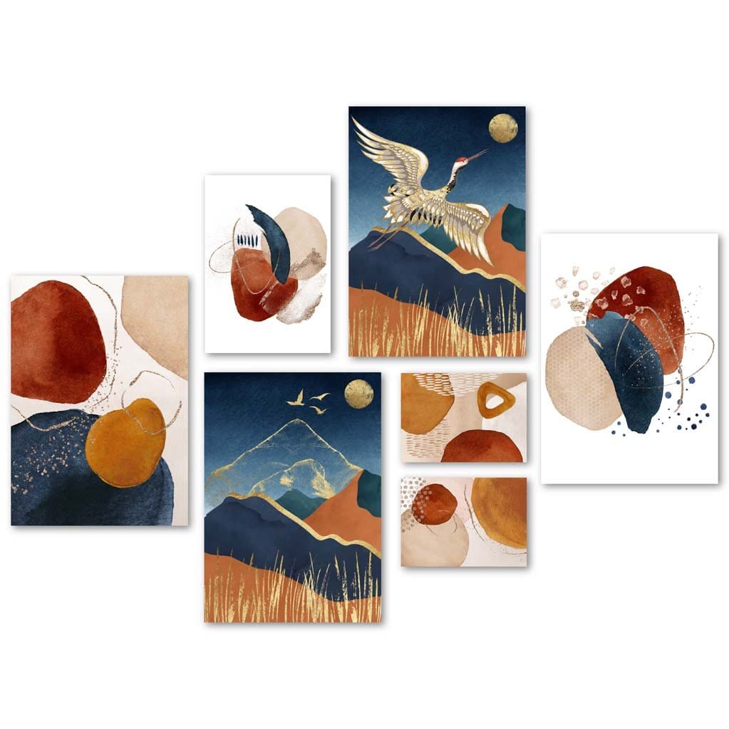 Abstrakte japanische Kranich-Kunstdrucke in Blau, Orange und Gold
