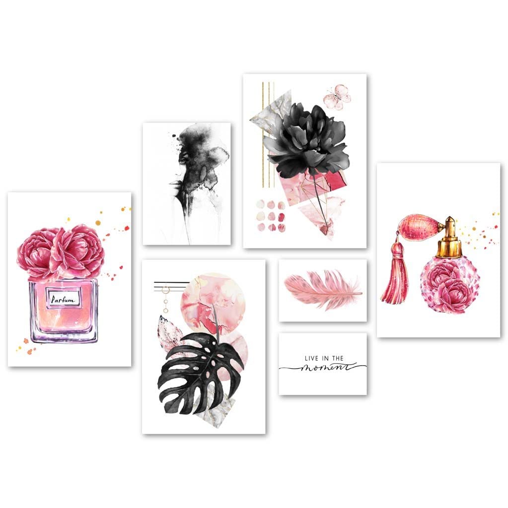 Abstrakte rosa-schwarze Pfingstrosen & Parfüm-Galerie-Wandkunstdrucke