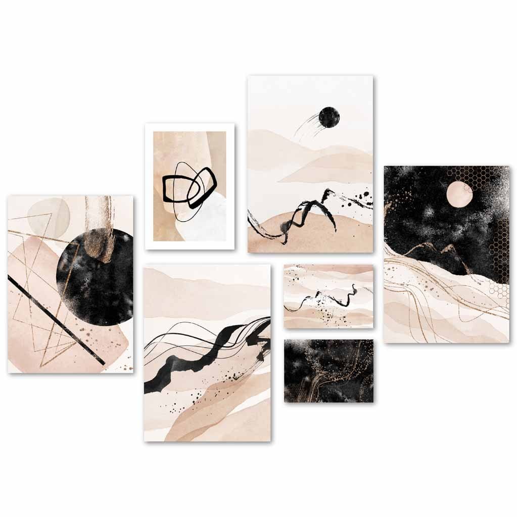 Abstrakte beige-schwarze Landschaften Galeriewand