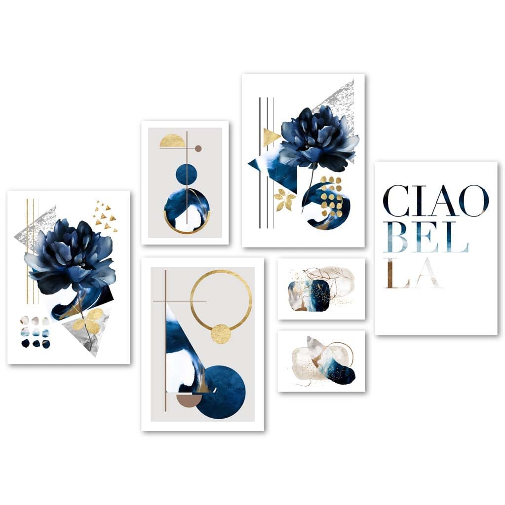 Abstrakte botanische Kunstgaleriewand in Marineblau und Gold
