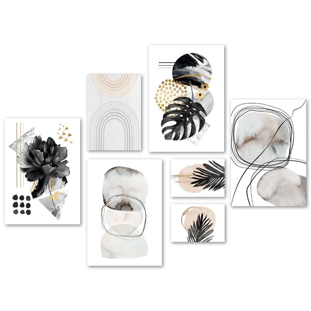 Abstrakte botanische Kunst in Schwarz und Gold für die Galeriewand