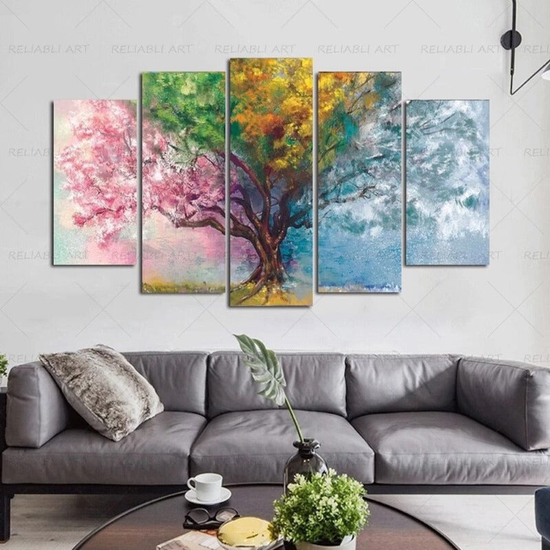 5 Panels "Farbenfroher Saisonbaum"- Wandkunst Modulare Bilder Poster