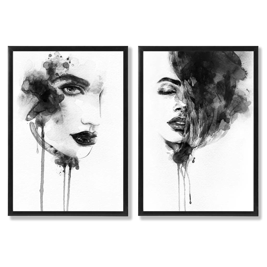 Schwarz-weiße Modeillustrationen, gerahmtes Set aus 2 Kunstdrucken