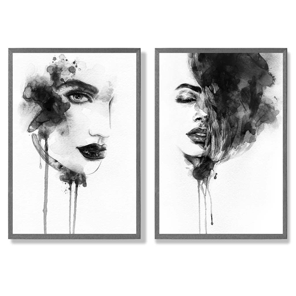 Schwarz-weiße Modeillustrationen, gerahmtes Set aus 2 Kunstdrucken