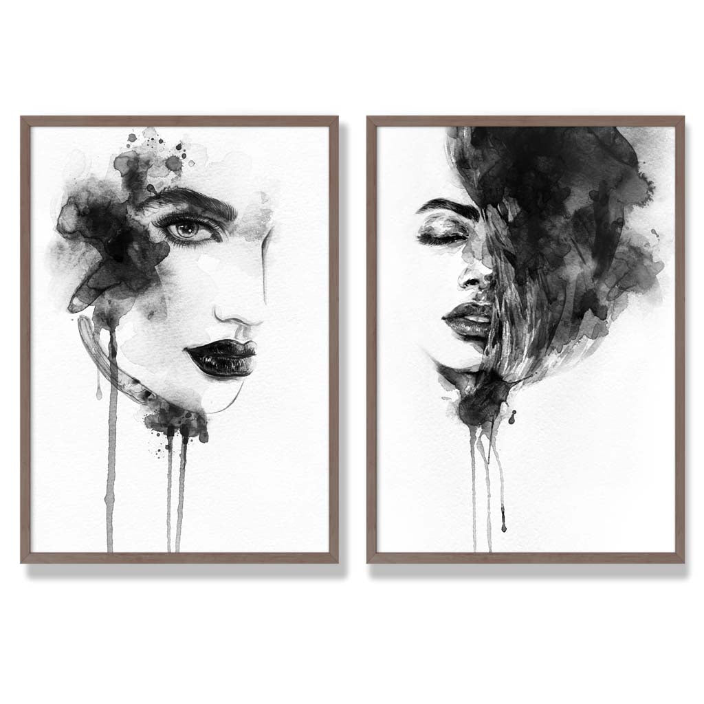 Schwarz-weiße Modeillustrationen, gerahmtes Set aus 2 Kunstdrucken