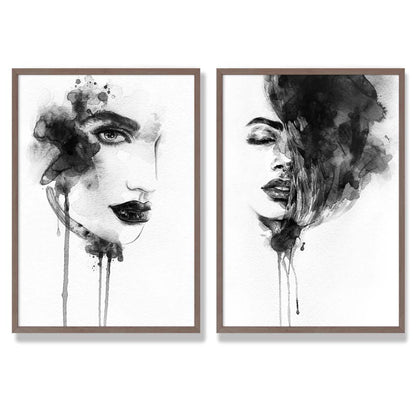 Schwarz-weiße Modeillustrationen, gerahmtes Set aus 2 Kunstdrucken