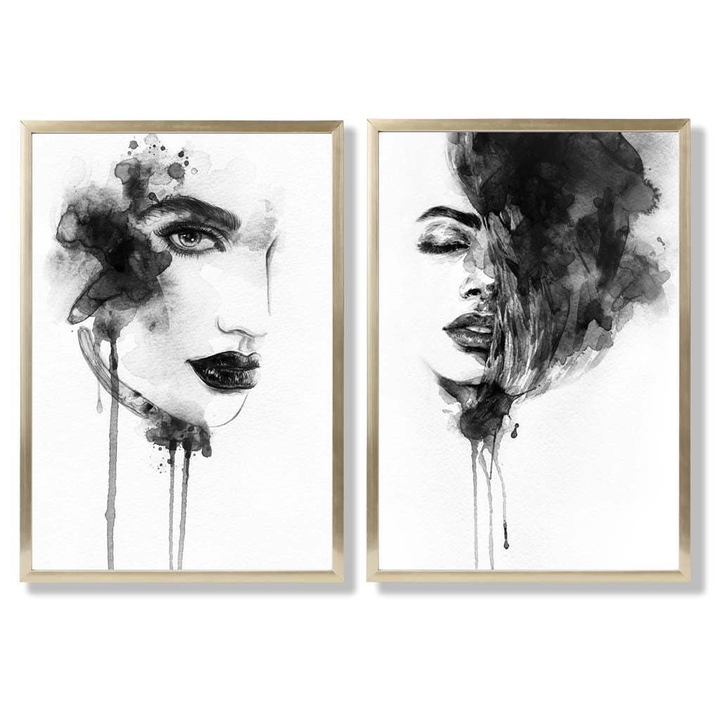 Schwarz-weiße Modeillustrationen, gerahmtes Set aus 2 Kunstdrucken