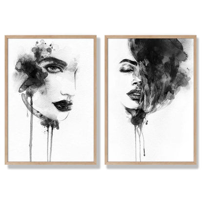 Schwarz-weiße Modeillustrationen, gerahmtes Set aus 2 Kunstdrucken