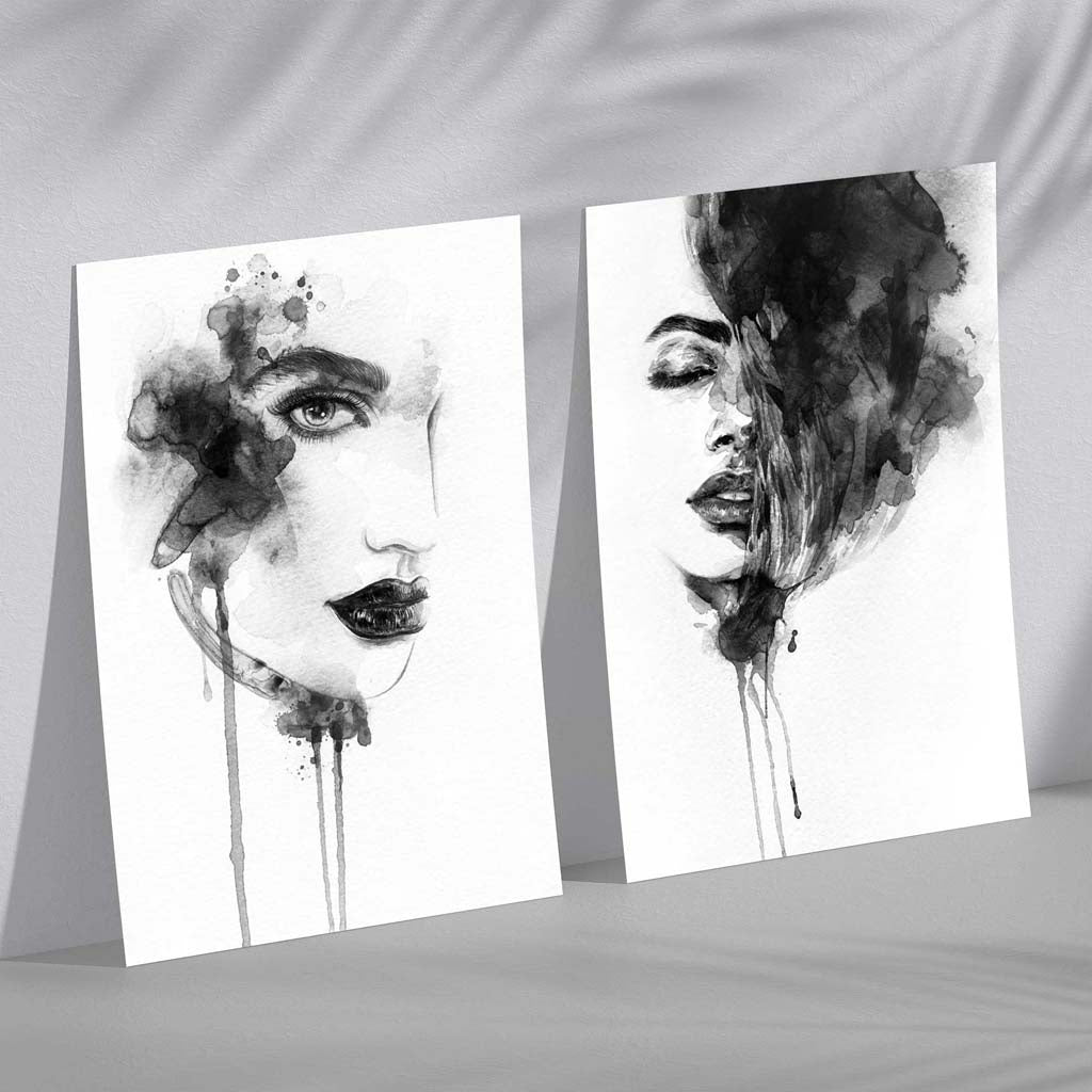Schwarz-weiße Modeillustrationen, gerahmtes Set aus 2 Kunstdrucken