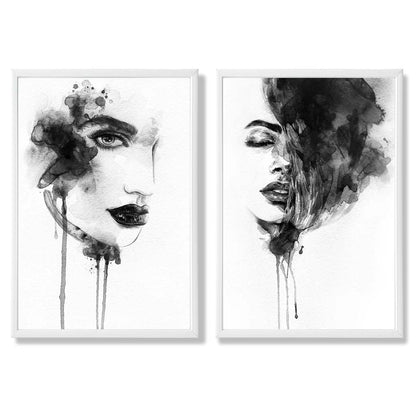 Schwarz-weiße Modeillustrationen, gerahmtes Set aus 2 Kunstdrucken