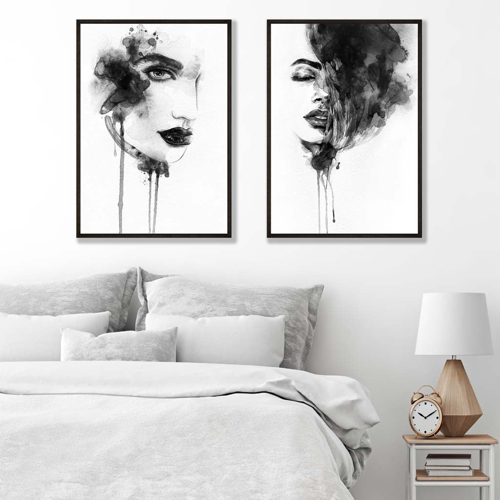 Schwarz-Weiß-Modeillustrationen, Set aus 2 Kunstdrucken