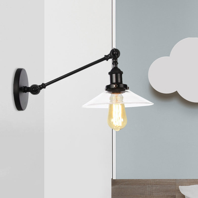 1 Licht Innen Wandlampe Vintage Schwarz/Messing/Bronze Beleuchtungseinrichtung mit konischem transparentem Glasschirm, 8"/12" L Arm