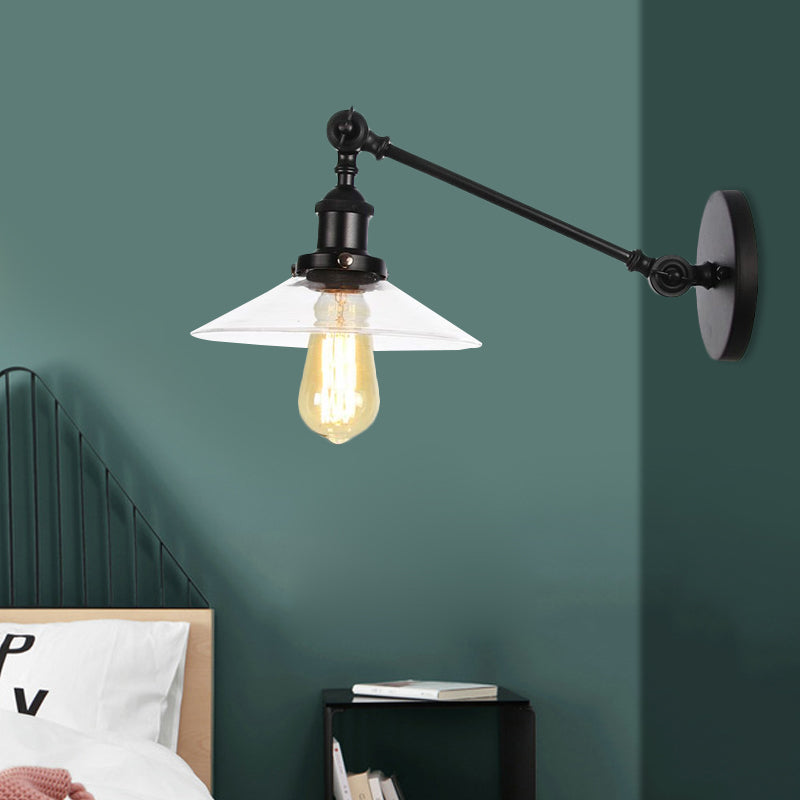 1 Licht Innen Wandlampe Vintage Schwarz/Messing/Bronze Beleuchtungseinrichtung mit konischem transparentem Glasschirm, 8"/12" L Arm