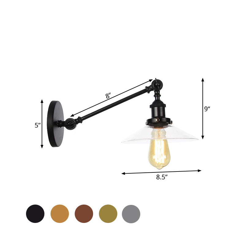 1 Licht Innen Wandlampe Vintage Schwarz/Messing/Bronze Beleuchtungseinrichtung mit konischem transparentem Glasschirm, 8"/12" L Arm