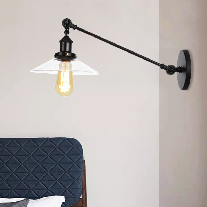 1 Licht Innen Wandlampe Vintage Schwarz/Messing/Bronze Beleuchtungseinrichtung mit konischem transparentem Glasschirm, 8"/12" L Arm