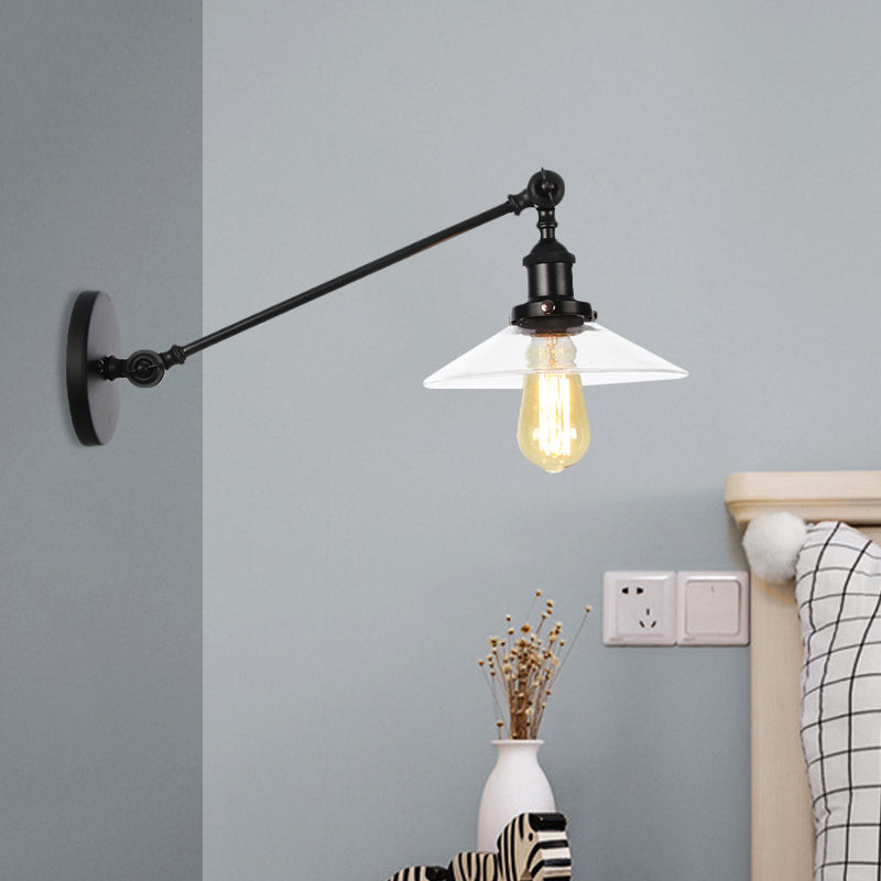 1 Licht Innen Wandlampe Vintage Schwarz/Messing/Bronze Beleuchtungseinrichtung mit konischem transparentem Glasschirm, 8"/12" L Arm