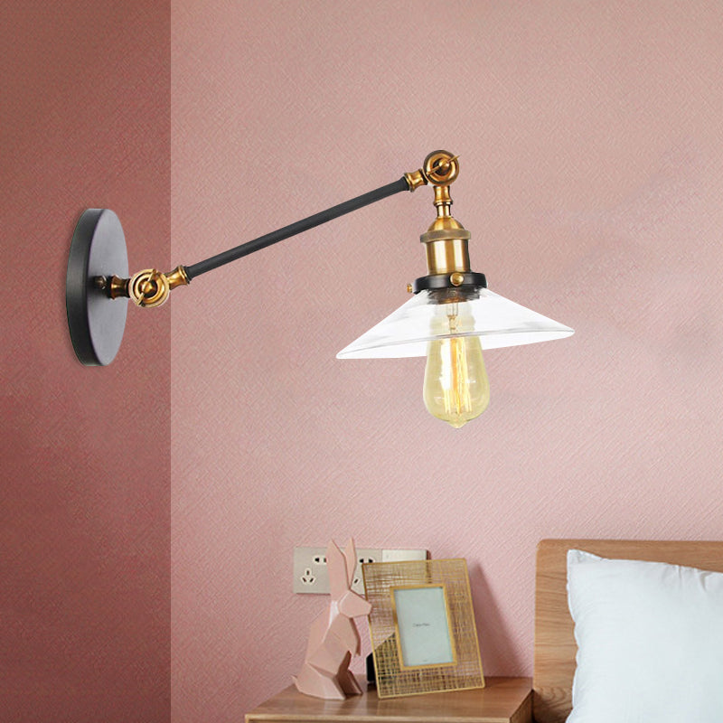 1 Licht Innen Wandlampe Vintage Schwarz/Messing/Bronze Beleuchtungseinrichtung mit konischem transparentem Glasschirm, 8"/12" L Arm
