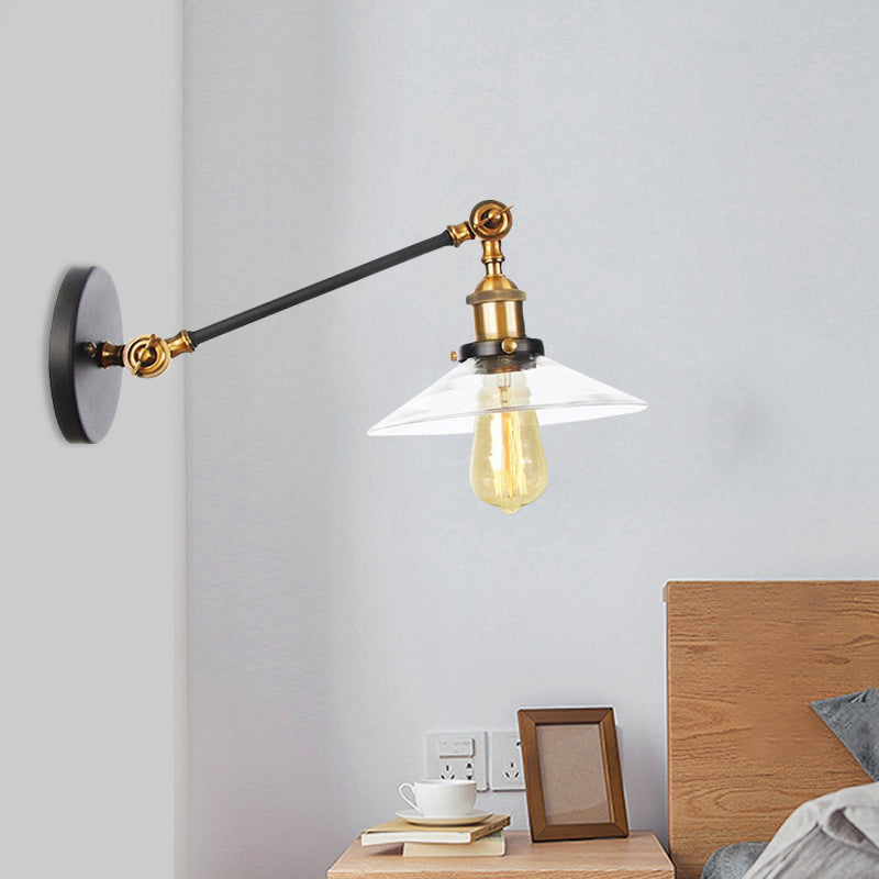 1 Licht Innen Wandlampe Vintage Schwarz/Messing/Bronze Beleuchtungseinrichtung mit konischem transparentem Glasschirm, 8"/12" L Arm