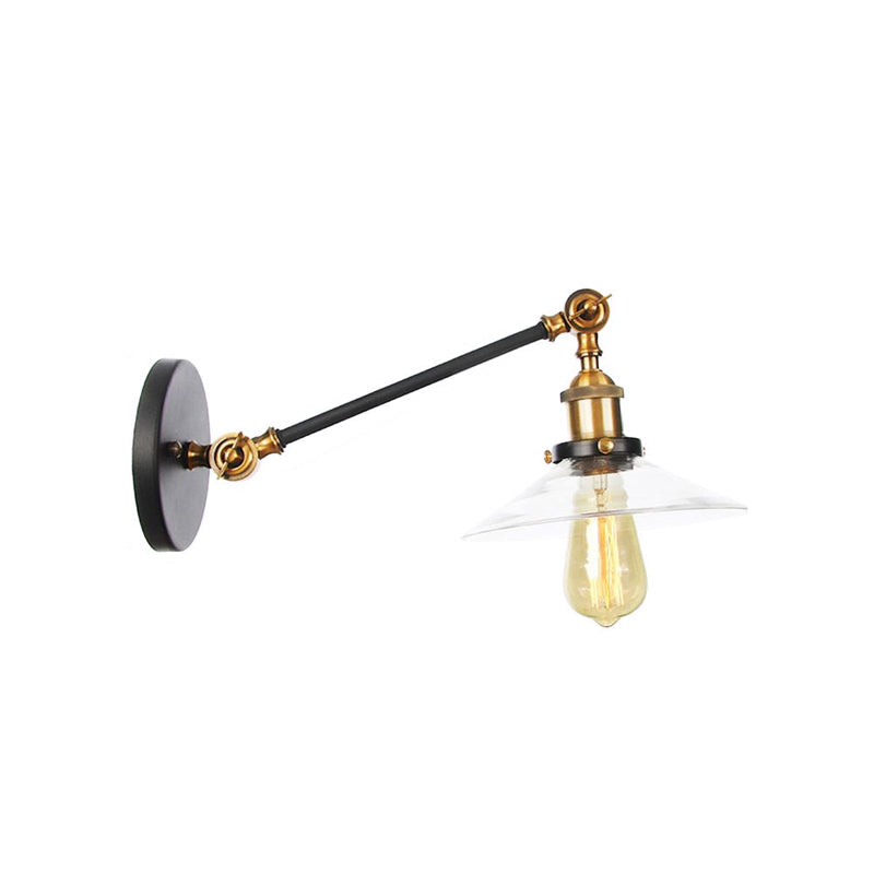 1 Licht Innen Wandlampe Vintage Schwarz/Messing/Bronze Beleuchtungseinrichtung mit konischem transparentem Glasschirm, 8"/12" L Arm