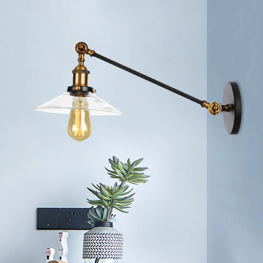 1 Licht Innen Wandlampe Vintage Schwarz/Messing/Bronze Beleuchtungseinrichtung mit konischem transparentem Glasschirm, 8"/12" L Arm