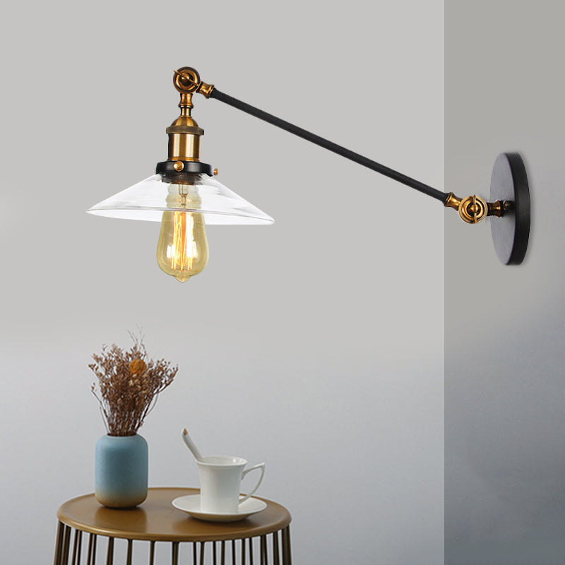 1 Licht Innen Wandlampe Vintage Schwarz/Messing/Bronze Beleuchtungseinrichtung mit konischem transparentem Glasschirm, 8"/12" L Arm