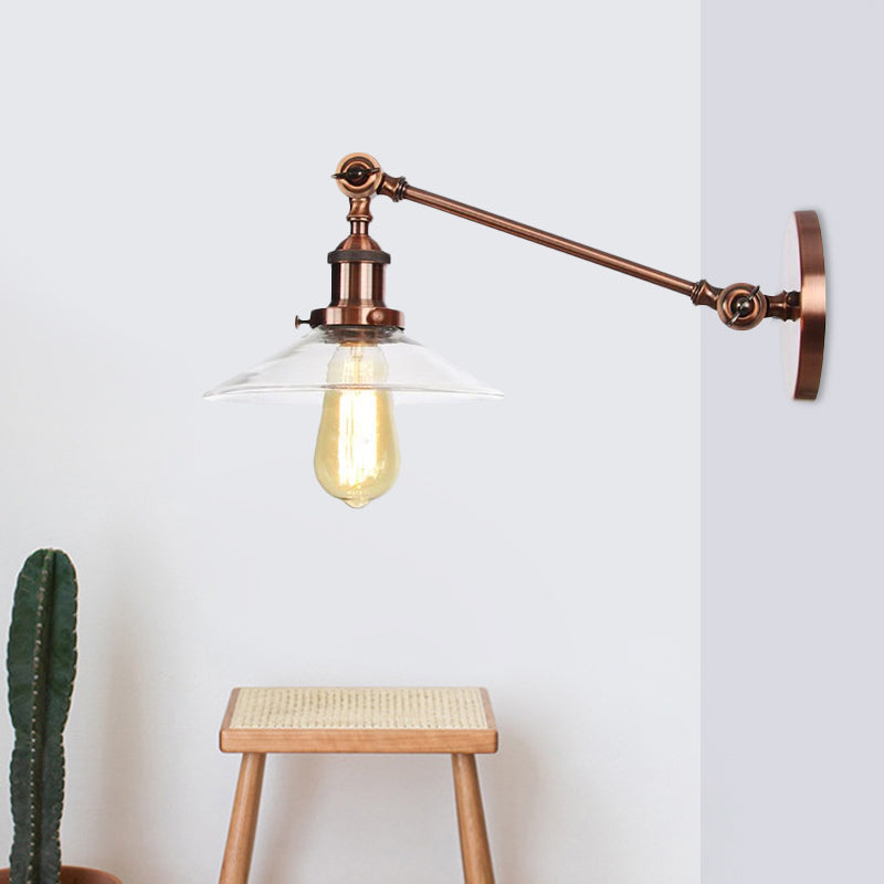 1 Licht Innen Wandlampe Vintage Schwarz/Messing/Bronze Beleuchtungseinrichtung mit konischem transparentem Glasschirm, 8"/12" L Arm