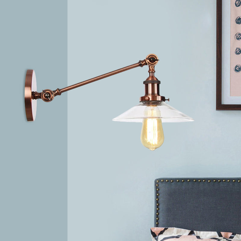 1 Licht Innen Wandlampe Vintage Schwarz/Messing/Bronze Beleuchtungseinrichtung mit konischem transparentem Glasschirm, 8"/12" L Arm