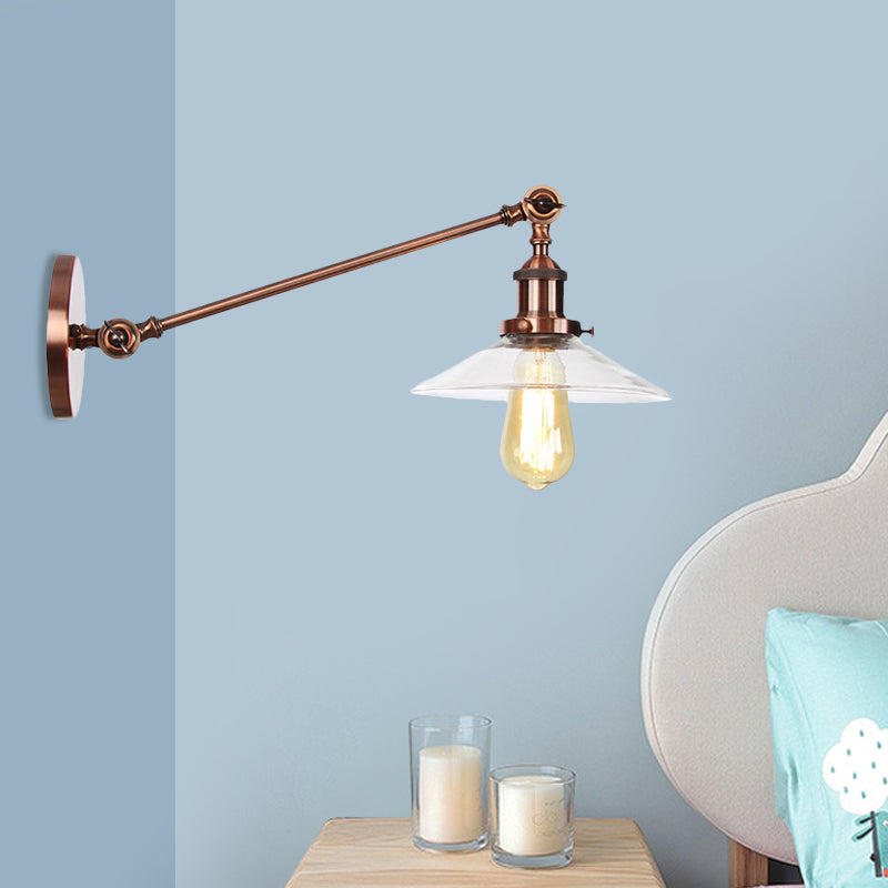 1 Licht Innen Wandlampe Vintage Schwarz/Messing/Bronze Beleuchtungseinrichtung mit konischem transparentem Glasschirm, 8"/12" L Arm