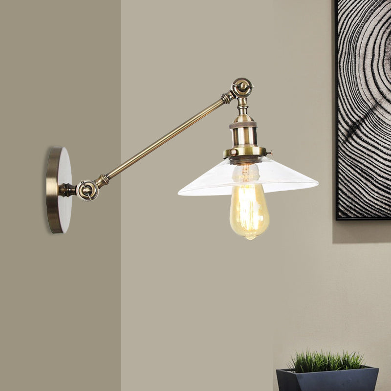 1 Licht Innen Wandlampe Vintage Schwarz/Messing/Bronze Beleuchtungseinrichtung mit konischem transparentem Glasschirm, 8"/12" L Arm