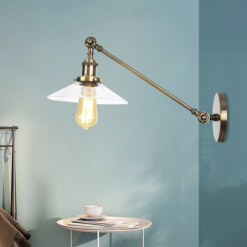 1 Licht Innen Wandlampe Vintage Schwarz/Messing/Bronze Beleuchtungseinrichtung mit konischem transparentem Glasschirm, 8"/12" L Arm